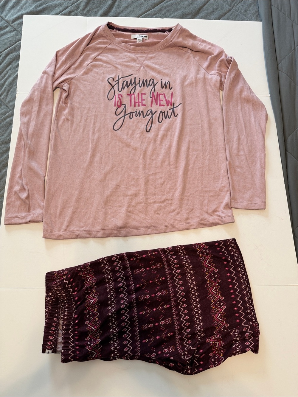 Sonoma Pink Long-Sleeve Pajama Top with Maroon Patterned Shorts
